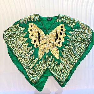 70s Vintage Shakti Butterfly Sequin 100% Silk Party Top Blouse Gold And Green